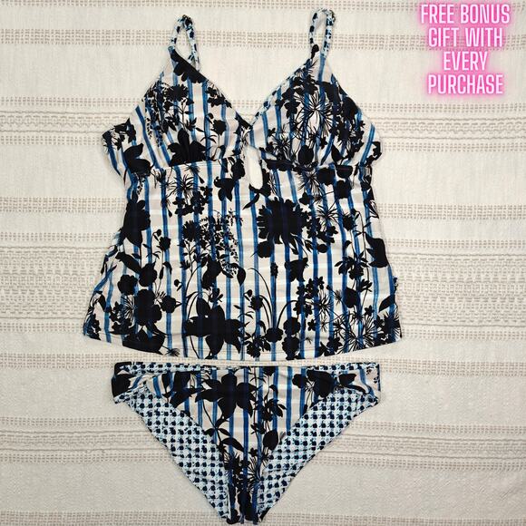 Lucky Brand Blue Black Floral Tankini Swim Set Size L NEW - Picture 1 of 6
